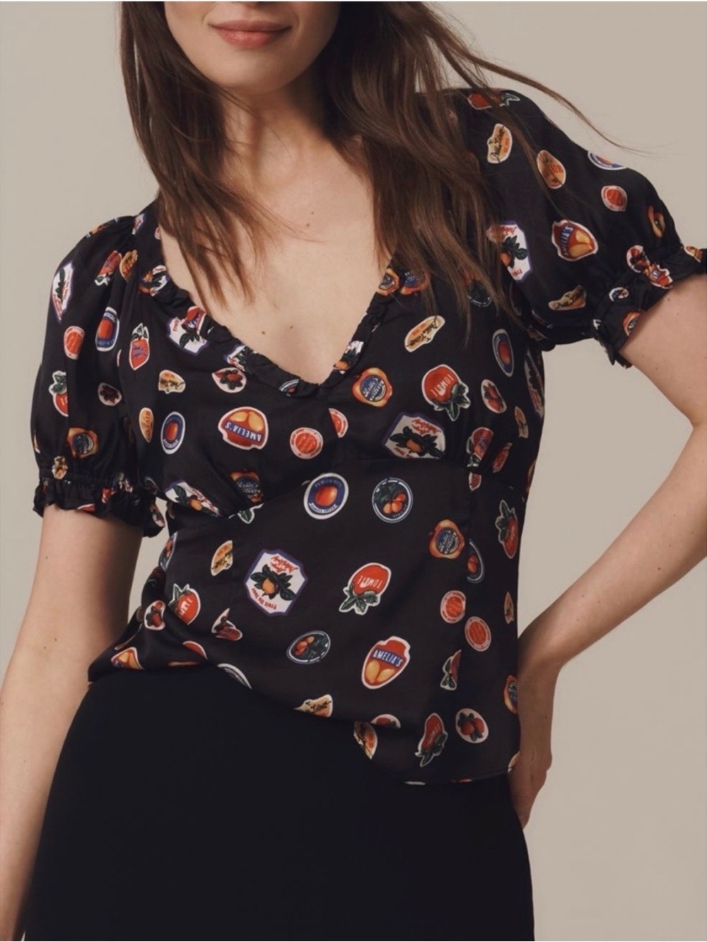 NWT Anthropologie Maeve Puff Sleeve Popover Blouse Fruit Stickers Print Size S